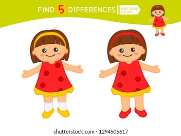 Find differences.  Educational game for children. Cartoon vector illustration of cute doll.