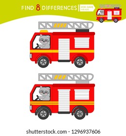 Find differences.  Educational game for children. Cartoon vector illustration of fire engine.