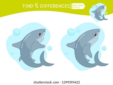 Find differences.  Educational game for children. Cartoon vector illustration of cute shark.