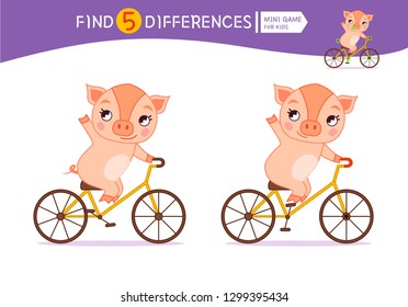 Encuentra diferencias.  Juego educativo para niños. Ilustración vectorial de dibujos animados de cerdo lindo.