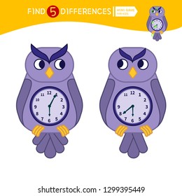 Find differences.  Educational game for children. Cartoon vector illustration of clock.