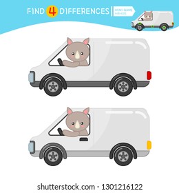 Find differences.  Educational game for children. Cartoon vector illustration of cute rhino in the van.