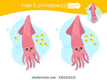 Find differences.  Educational game for children. Cartoon vector illustration of cute squid.