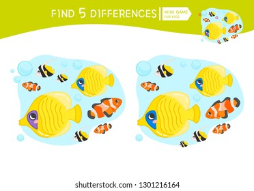 Find differences.  Educational game for children. Cartoon vector illustration of cute fish.