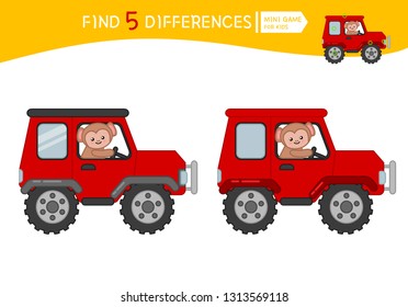 Find differences.  Educational game for children. Cartoon vector illustration of cute monkey in the car.