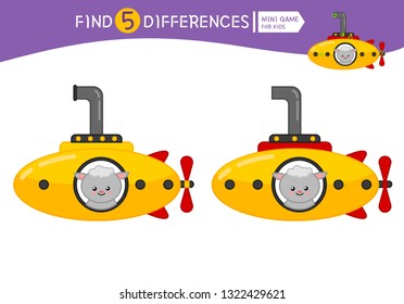 Find differences.  Educational game for children. Cartoon vector illustration of cute sheep in yellow submarine.