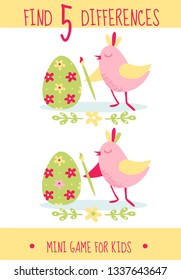 Find differences. Educational game for children. Cartoon vector illustration of bird and egg. Happy Easter