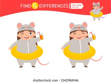 Find differences.  Educational game for children. Cartoon vector illustration of cute girl in mouse costume.