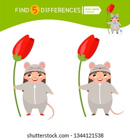 Find differences.  Educational game for children. Cartoon vector illustration of cute girl in mouse  costume with flower.
