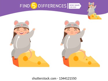 Find differences.  Educational game for children. Cartoon vector illustration of cute girl in mouse  costume with cheese.