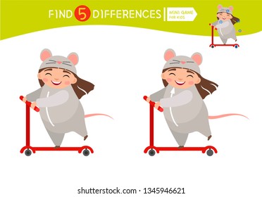 Find differences.  Educational game for children. Cartoon vector illustration of cute girl in mouse  costume on scooter.