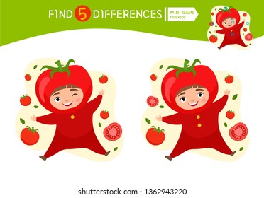 Find differences.  Educational game for children. Cartoon vector illustration of cute child in tomato costume.