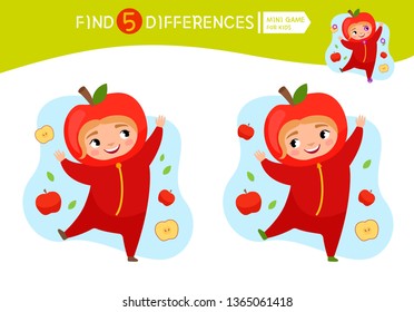 Find differences.  Educational game for children. Cartoon vector illustration of cute girl in apple costume.