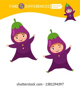 Find differences.  Educational game for children. Cartoon vector illustration of cute child in eggplant costume.