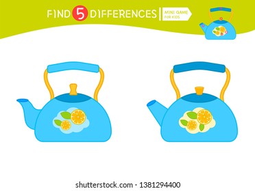 Find differences.  Educational game for children. Cartoon vector illustration of blue kettle.