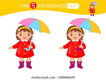 Find differences.  Educational game for children. Cartoon vector illustration of cute girl with umbrella.