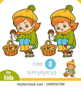 Find differences, educational game for children, Cute little girl gathers mushrooms in a basket