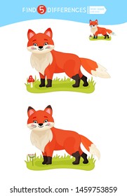 Find differences.  Educational game for children. Cartoon vector illustration of cute fox.