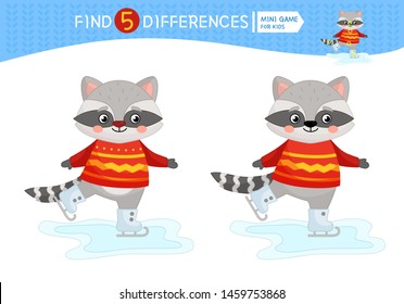 Find differences.  Educational game for children. Cartoon vector illustration of cute racoon.