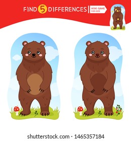 Find differences.  Educational game for children. Cartoon vector illustration of cute bear.