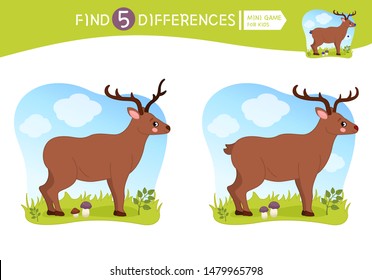 Find differences.  Educational game for children.  Forest animals. Cartoon vector illustration of cute deer.
