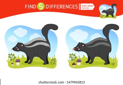 Find differences.  Educational game for children.  Forest animals. Cartoon vector illustration of cute skunk.