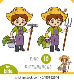 Find differences, educational game for children, Farmer boy with rake and bucket