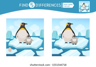 Find differences.  Educational game for children. Cartoon vector illustration of cute penguin in the arctic.