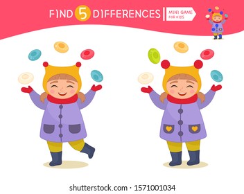 Find differences.  Educational game for children. Cartoon vector illustration of cute child with candys.