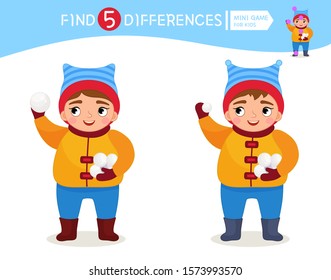 Find differences.  Educational game for children. Cartoon vector illustration of child plays snowballs.