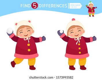 Find differences.  Educational game for children. Cartoon vector illustration of child plays snowballs.
