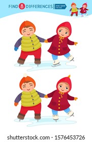 Find differences.  Educational game for children. Cartoon vector illustration of cute boy and girl skate holding hands.

