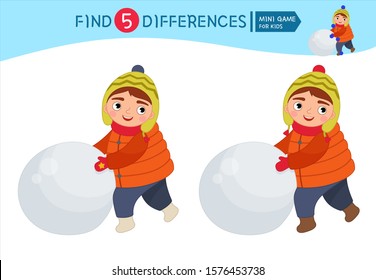 Find differences.  Educational game for children. Cartoon vector illustration of cute boy sculpts a snowman.
