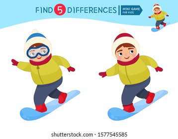 Find differences.  Educational game for children. Cartoon vector illustration of cute boy snowboarding. Winter entertainment.