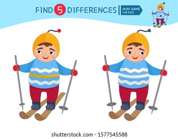 Find differences.  Educational game for children. Cartoon vector illustration of cute boy boy is skiing. Winter entertainment.