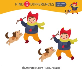Find differences.  Educational game for children. Cartoon vector illustration of cute boy plays with a dog.