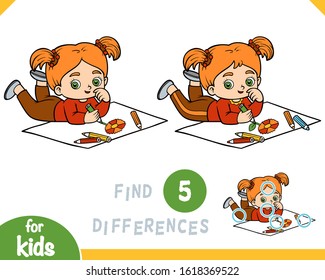 Find differences, educational game for children, Little girl drawing with color pencils a flower