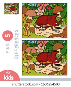 Find differences, educational game for children, Rhinoceros beetle on a meadow with mushrooms