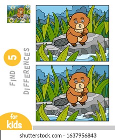 Find differences, educational game for children, Beaver sits on a stone by the river