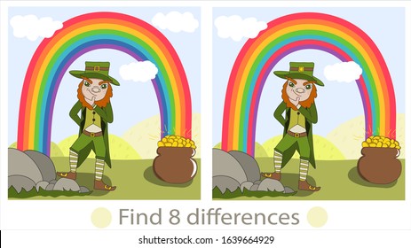 Find differences, educational game for children, St. Patrick is standing under the rainbow and is looking for a pot of gold.