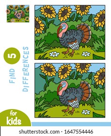 Find differences, educational game for children, Turkey in the meadow with sunflowers