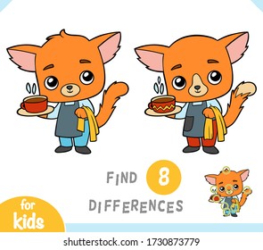 Find differences, educational game for children, Cute cat waiter with a coffee mug on a tray