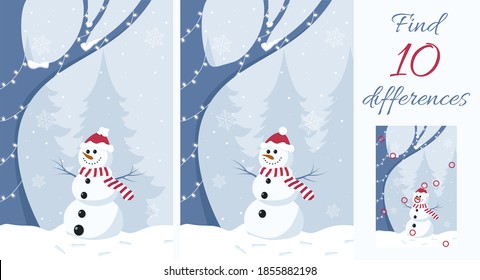 Find The Differences. Educational Game For Children. Snowman In Winter Forest.