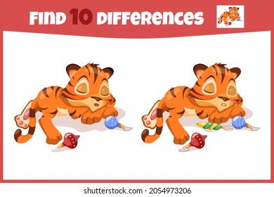 Find the differences. Educational game for children. Cute little tiger.