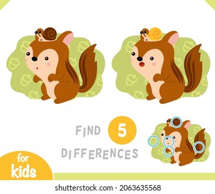 Find differences educational game for children, Cartoon characters chipmunk and snail