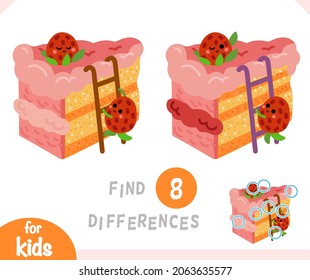 Find differences educational game for children, Cartoon illustration cake and two strawberries