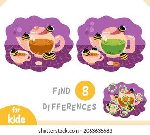 Find differences educational game for children, Cartoon illustration teapot and cute bees