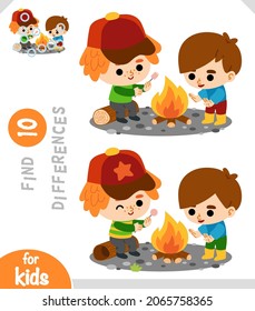 Find differences, educational game for children, Cartoon characters boys and campfire