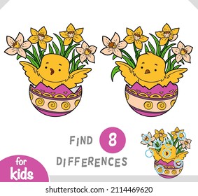 Find differences educational game for children, Easter illustration. Little bird and colored egg and flowers