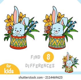 Find differences educational game for children, Easter illustration. Little rabbit in a box and spring flowers